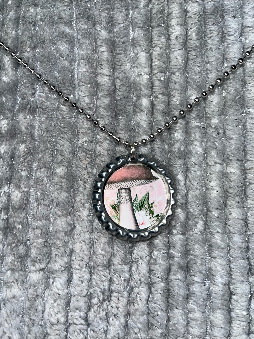 Handmade Bottle Cap Mushroom Pendant Necklace in Pink and Silver